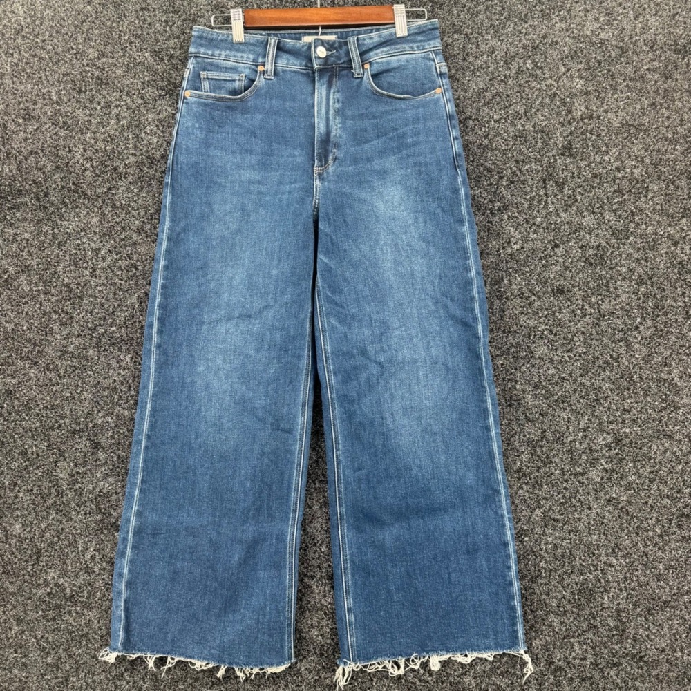 Paige Anessa High Rise Wide Leg Raw Hem Jeans Blue Denim Size 28